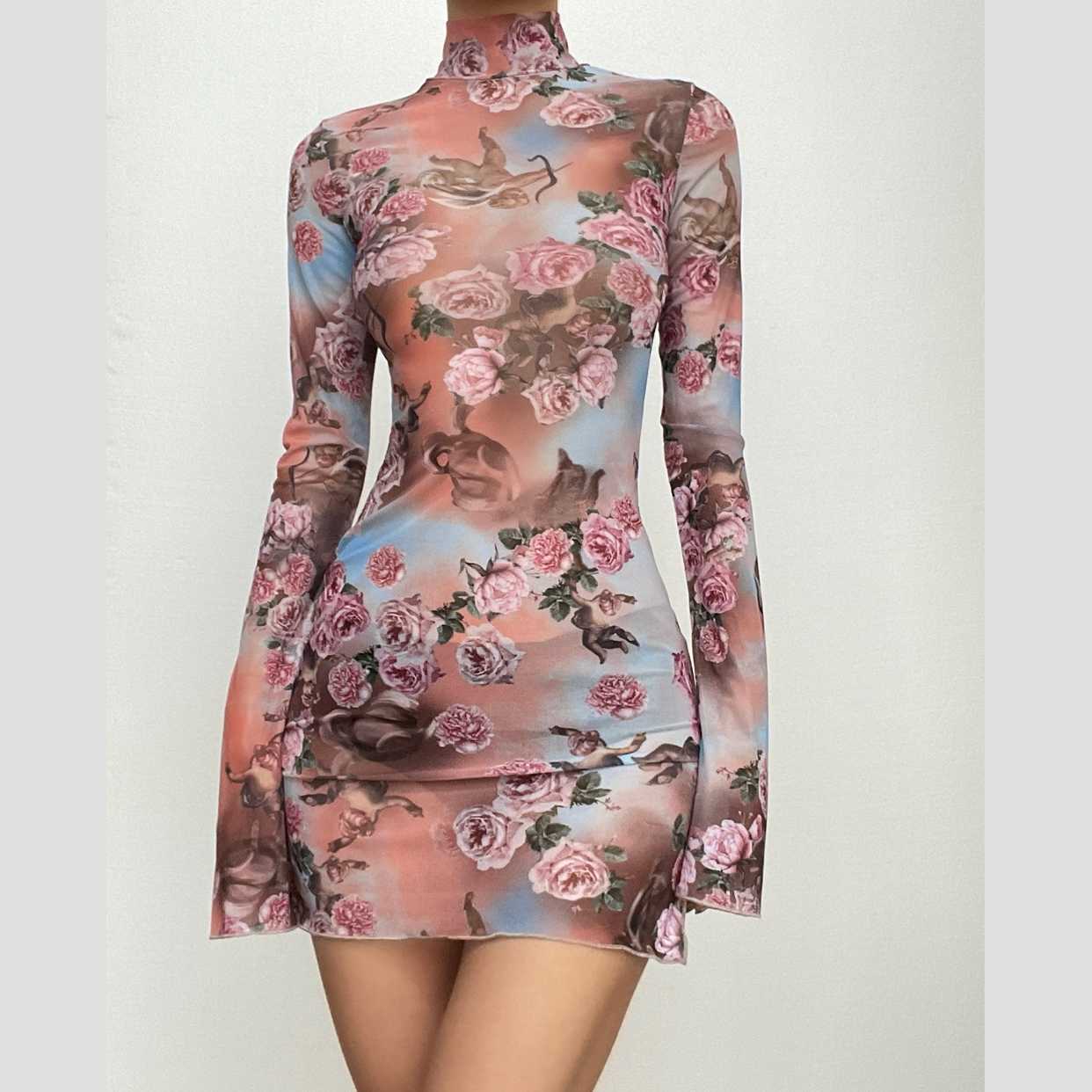 Cherub Floral Print Mock Neck Long Sleeve Lettuce Hem Mini Dress