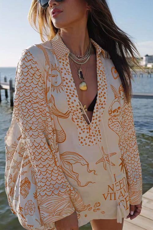 Meridress Collared V Neck Shirt and Side Slit Shorts Vitamin Sea Print Set