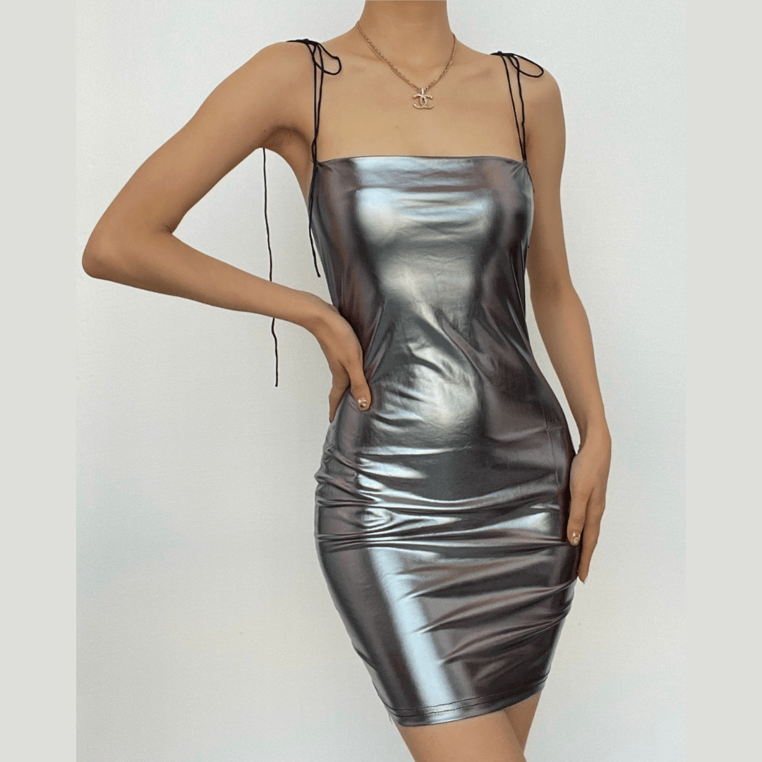 Metallic Tie Shoulder Square Neck Spaghetti Strap Bodycon Mini Dress