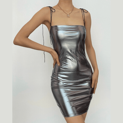 Metallic Tie Shoulder Square Neck Spaghetti Strap Bodycon Mini Dress