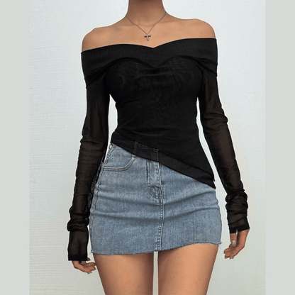 Long sleeve off shoulder mesh ruffle irregular top
