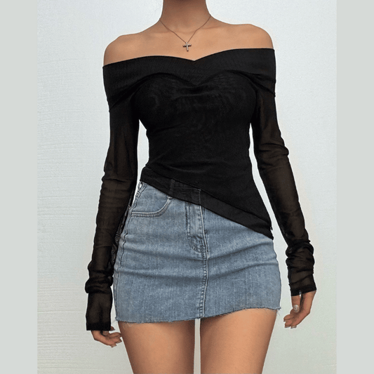 Long sleeve off shoulder mesh ruffle irregular top