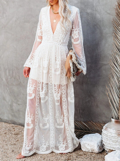 Lace Long-sleeved V-neck Solid Color Chiffon Long Dress