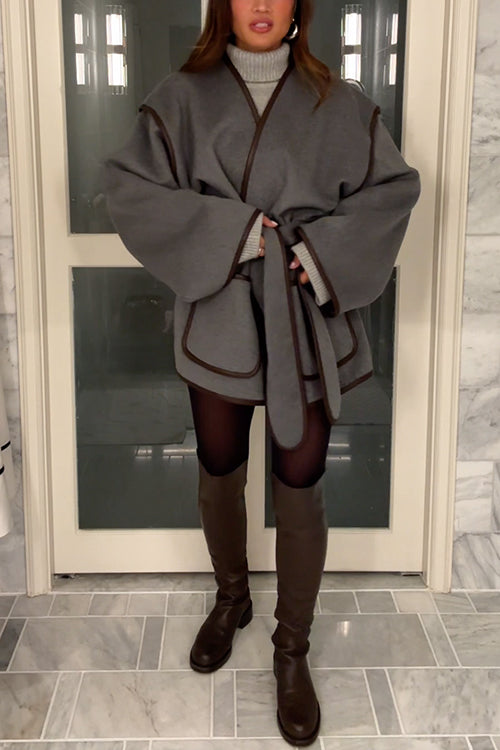 Open Front Pocketed Splice Coat with Belt