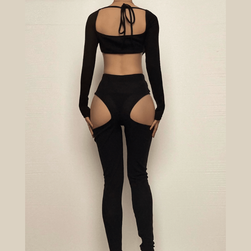 Long sleeve square neck ribbed hollow out pant set