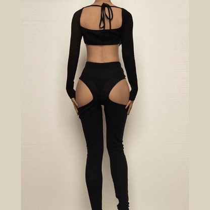 Long sleeve square neck ribbed hollow out pant set