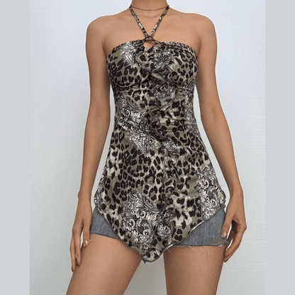 Leopard print halter o ring backless top