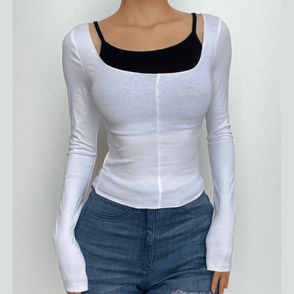 Contrast patchwork long sleeve round neck top