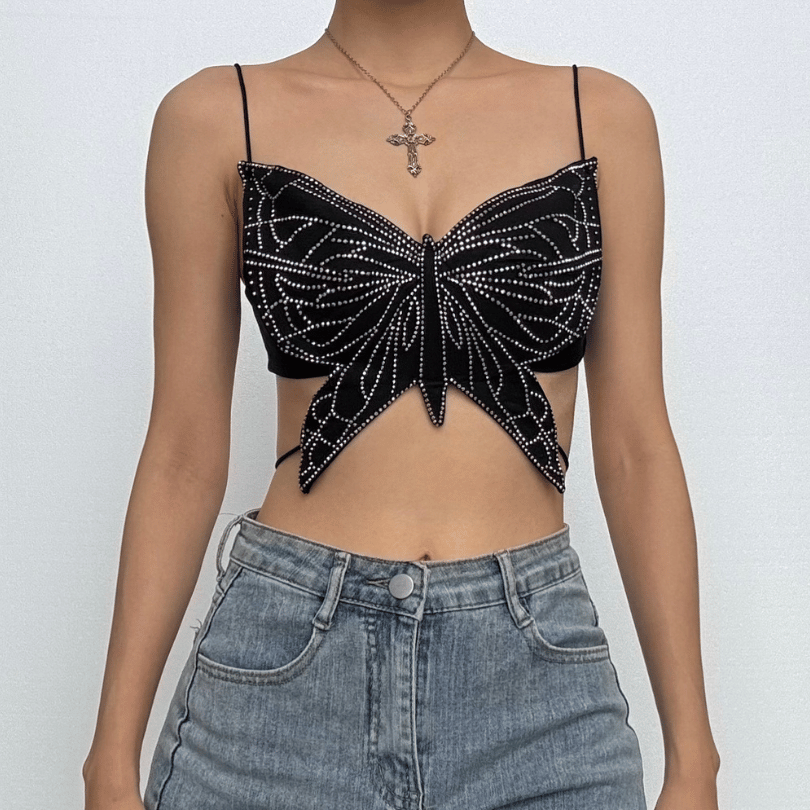 Butterfly pattern beaded knotted cami top