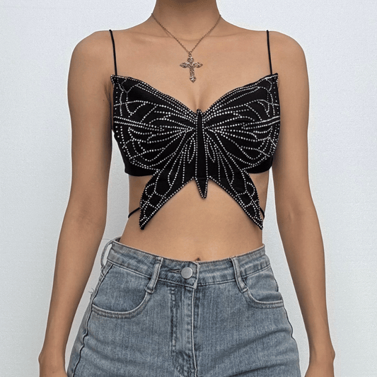 Butterfly pattern beaded knotted cami top