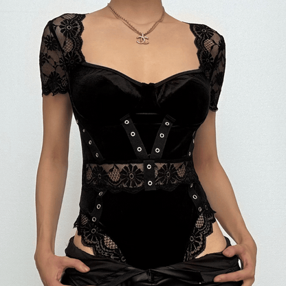 Short sleeve lace velvet patchwork bodysuit