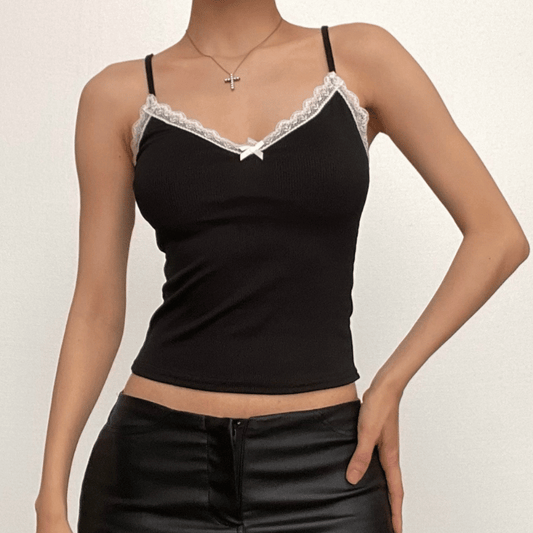 Bowknot lace hem v neck contrast cami top