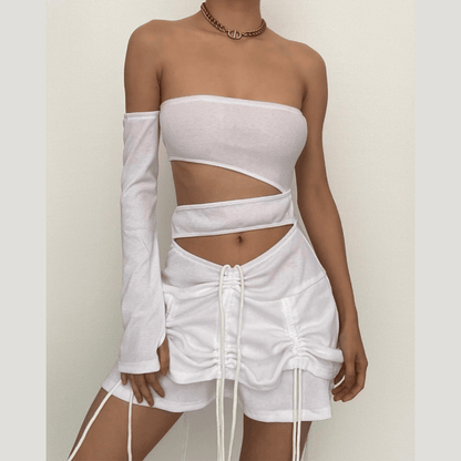 Solid irregular gloves off shoulder drawstring hollow out cut out mini dress