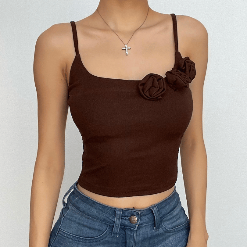 Flower applique square neck solid backless cami crop top