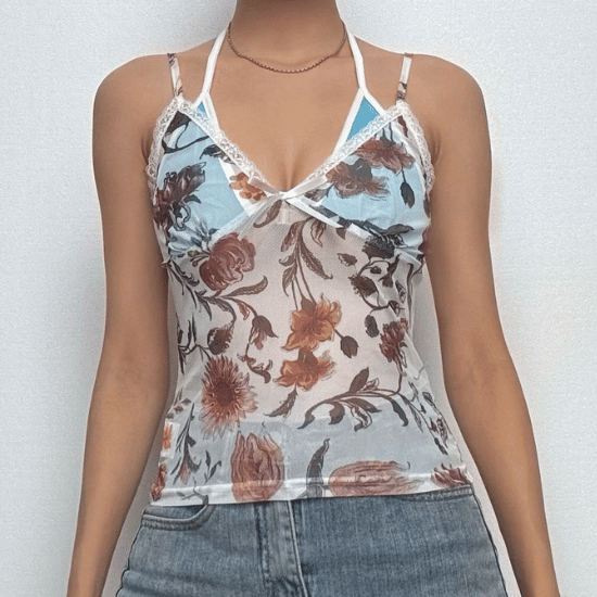 Halter contrast bowknot mesh top