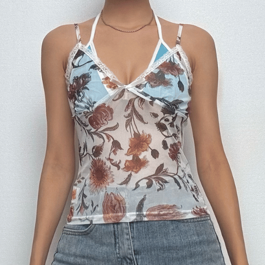 Halter contrast bowknot mesh top
