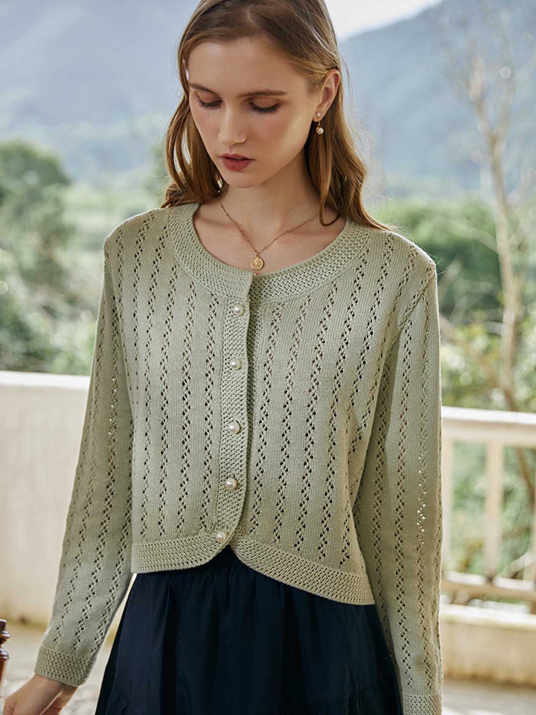 Althea Hollow Classic Knit Cardigan-White