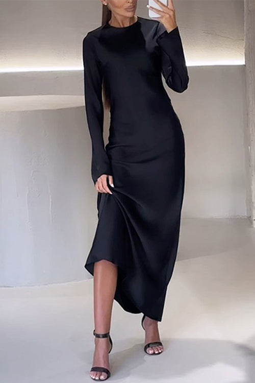 Round Neck Long Sleeves Satin Maxi Party Dress