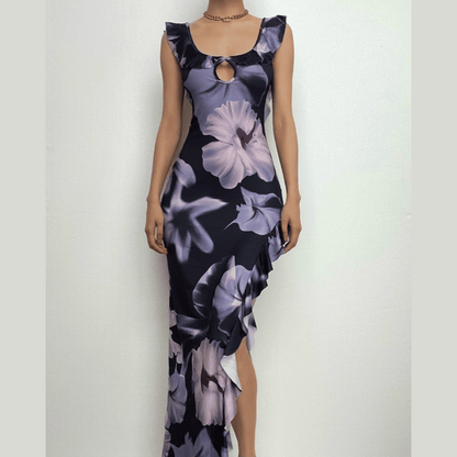 Floral Print Cap Sleeve Ruffle Keyhole Asymmetric Slit Maxi Dress