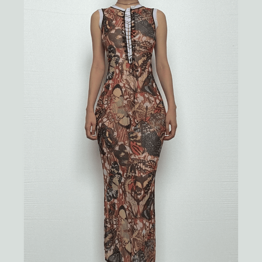 Sleeveless crewneck lace up print sheer mesh maxi dress