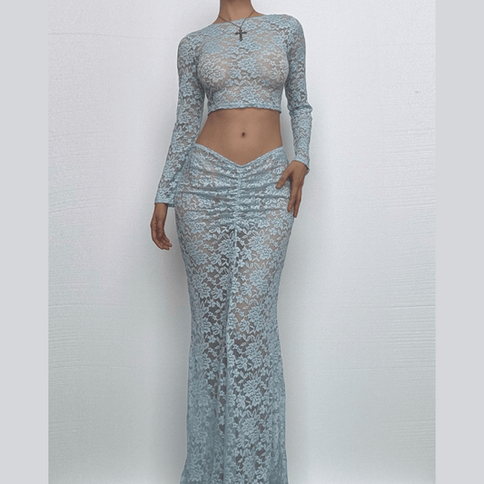 Long sleeve lace see through crop maxi skirt set