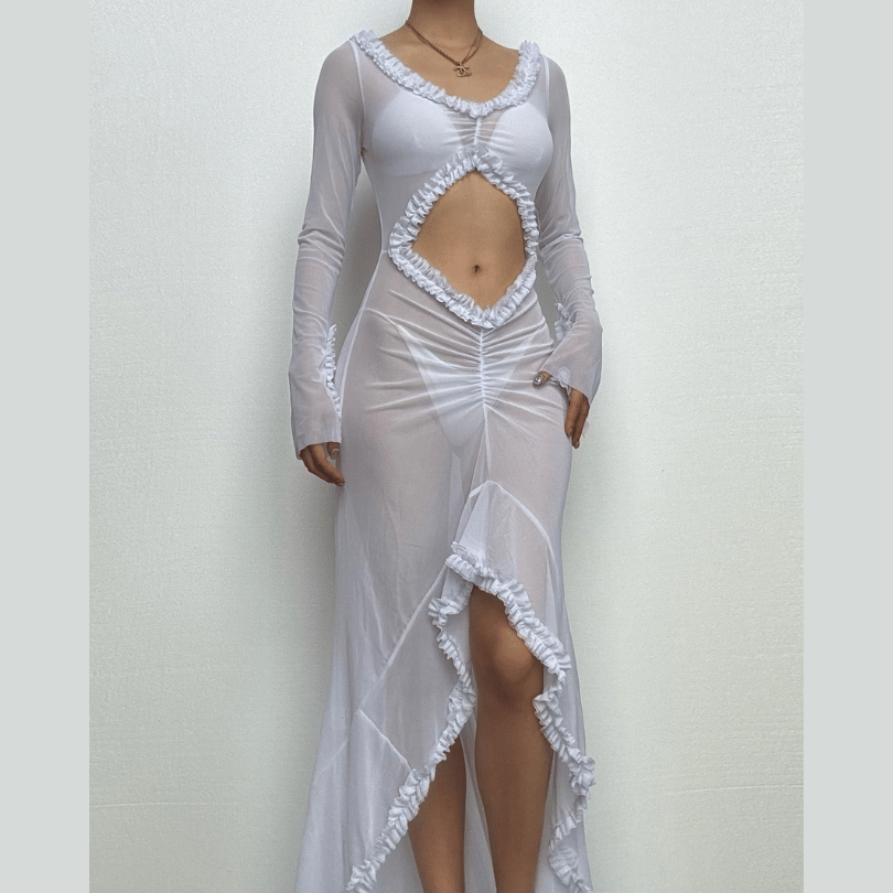 Long sleeve ruffle hollow out v neck sheer mesh cut out maxi dress