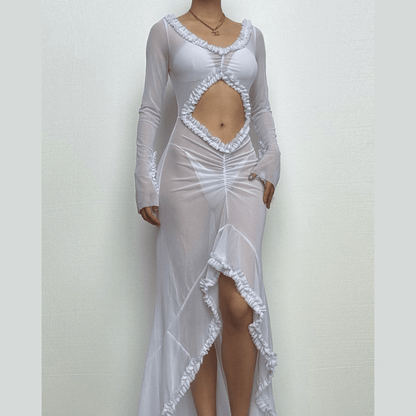 Long sleeve ruffle hollow out v neck sheer mesh cut out maxi dress