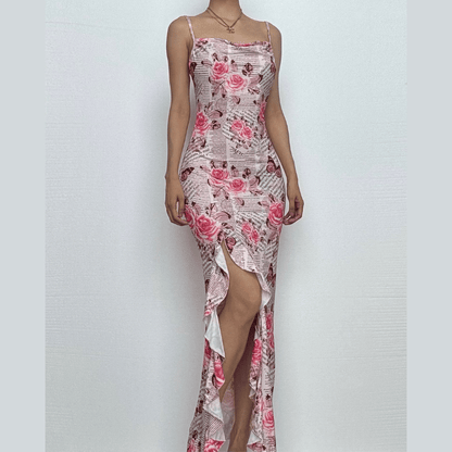 Cowl neck ruffle slit butterfly print cami maxi dress-final-sale