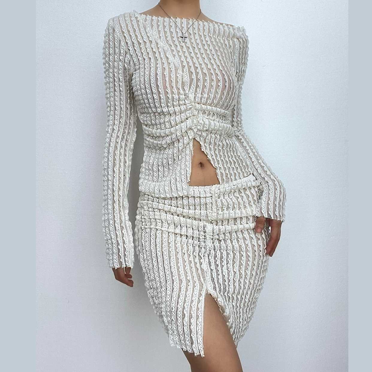 Textured off shoulder irregular long sleeve ruched slit mini skirt set-final-sale
