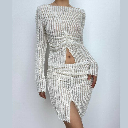 Textured off shoulder irregular long sleeve ruched slit mini skirt set-final-sale