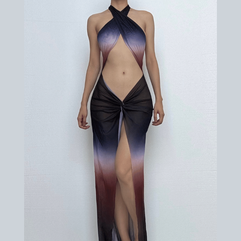 Ruched halter self tie cross front sheer mesh gradient maxi dress