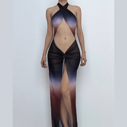 Ruched halter self tie cross front sheer mesh gradient maxi dress