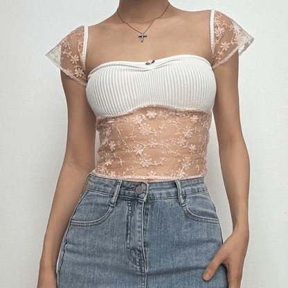 Cap sleeve lace flower embroidery ribbed top