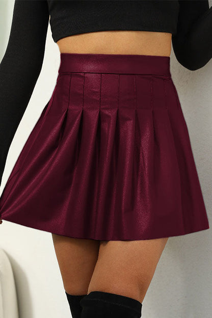 High Waist Faux Leather Pleated Mini Skirt