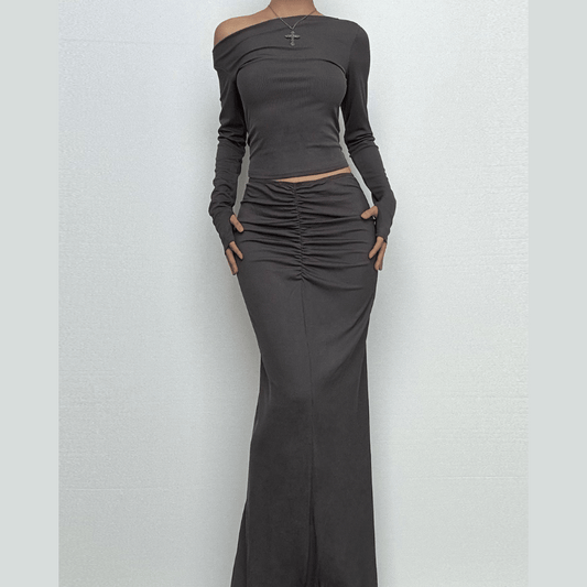 Long sleeve off shoulder ribbed ruched maxi skirt set