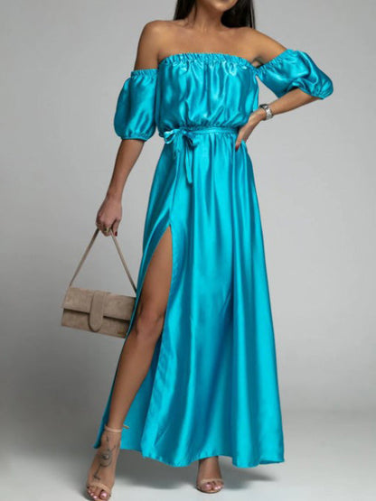 Off Shoulder Puff Sleeve Self Tie Waist Thigh Slit Satin Maxi Dress