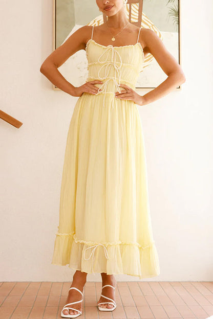 Meridress Spaghetti Strap Frill Trim Tie Bow Maxi Dress