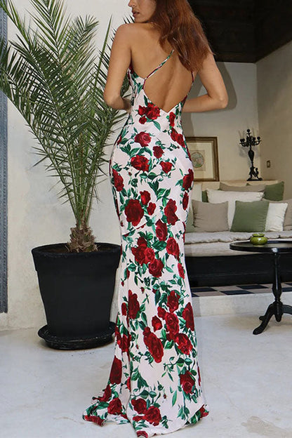 Meridress Spaghetti Strap Open Back Floral Print Maxi Dress