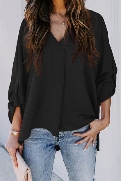 V Neck Roll Up Long Sleeves Blouse Shirt
