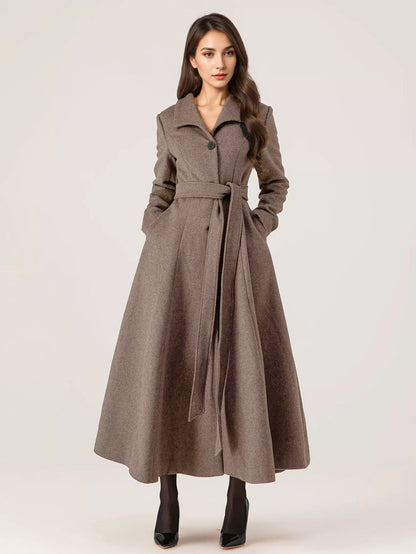 Long Woolen Flared Coat Gray Belted Winter Full Length Outerwear For Women 2026
