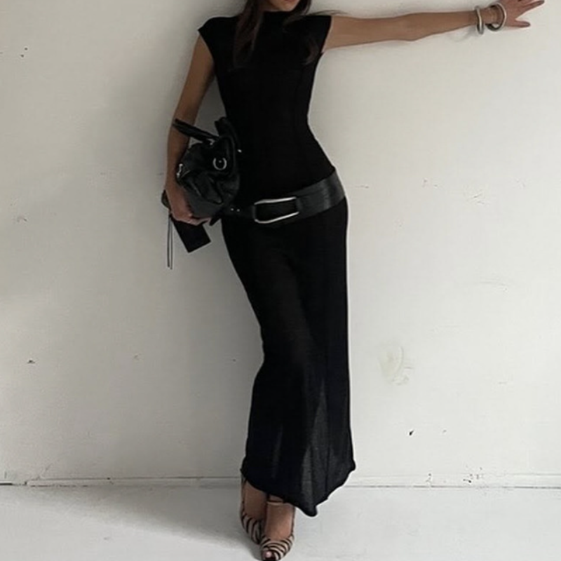 High neck cap sleeve mesh maxi dress