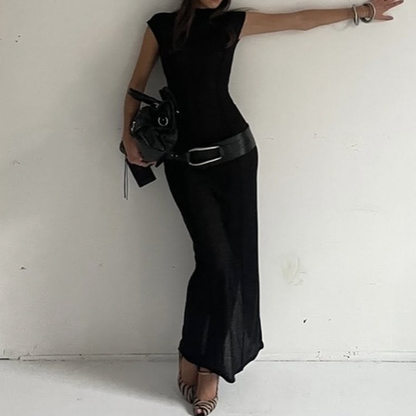 High neck cap sleeve mesh maxi dress