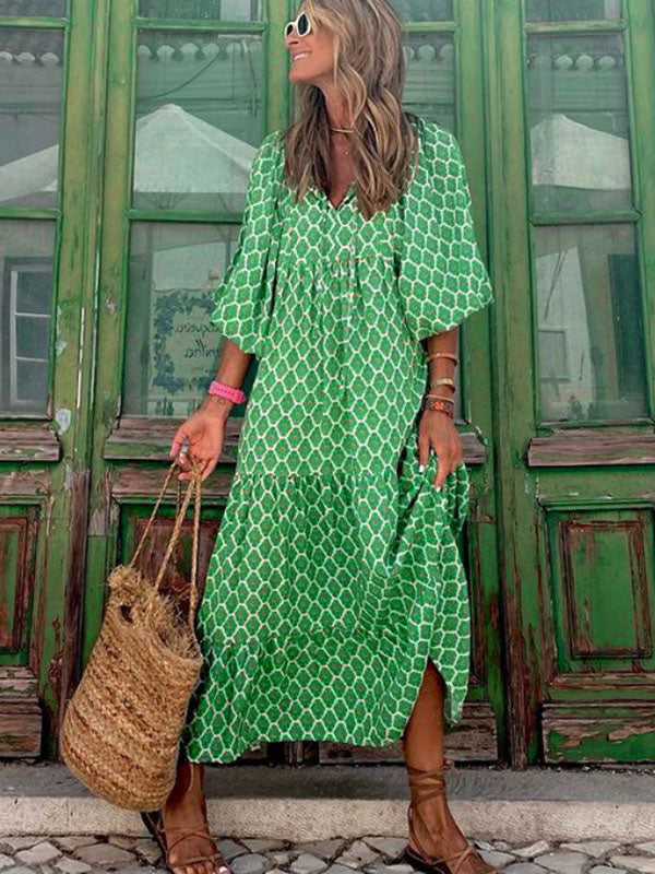 Boho Maxi Smock Dress for Women - Tiered Floral V Neck Lantern Sleeve Long Dress - Summer Beach Holiday 2026