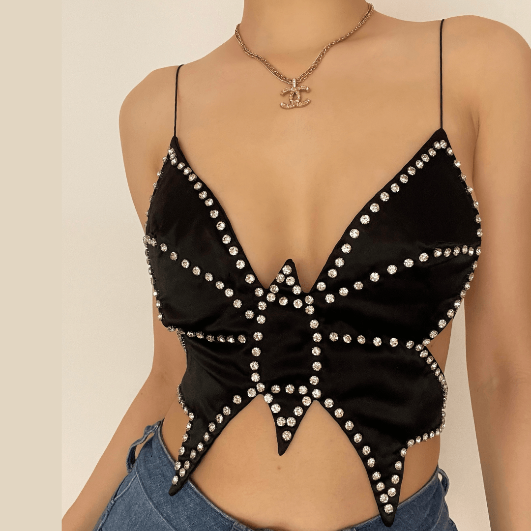 Butterfly beaded rhinestone cross open back top