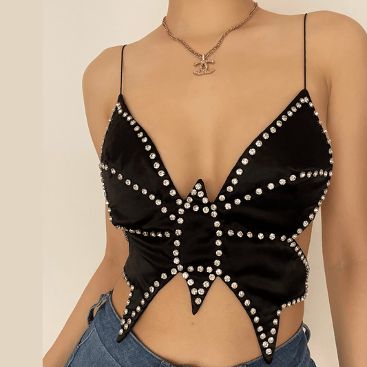 Butterfly beaded rhinestone cross open back top