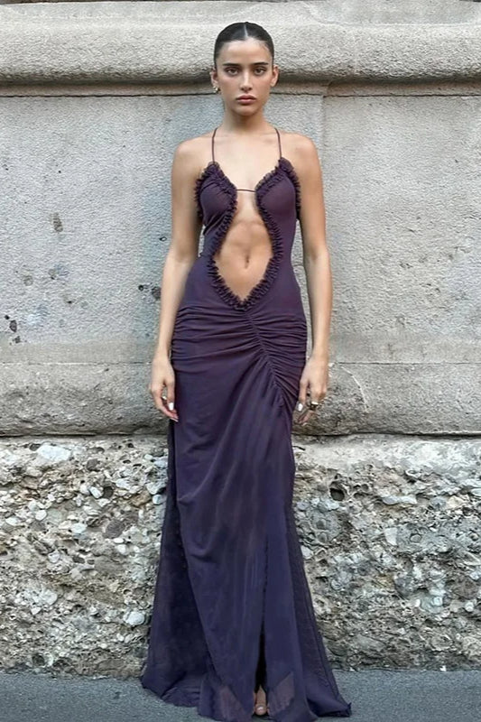 Asymmetric Spaghetti Strap Plunging Cut-Out Ruched Thigh Slit Maxi Dress