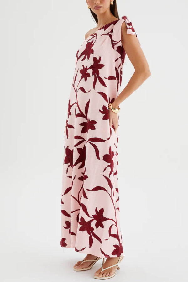 Botanical Print Sleeveless One-shoulder Tie-up Casual Vacation Maxi Dress