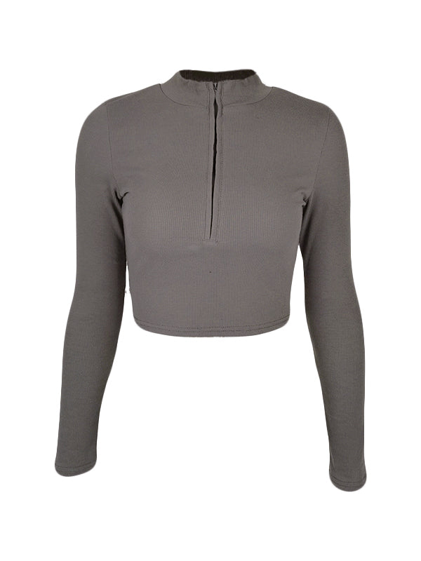Solid Color Ribbed Zip Up Crop Long Sleeve Knit