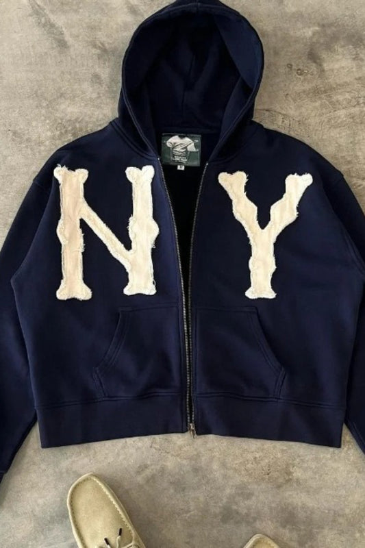 Embroidered Floral Print Zip Hoodie
