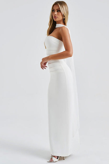 Sheer Sleeve Bustier Gown Formal Dress
